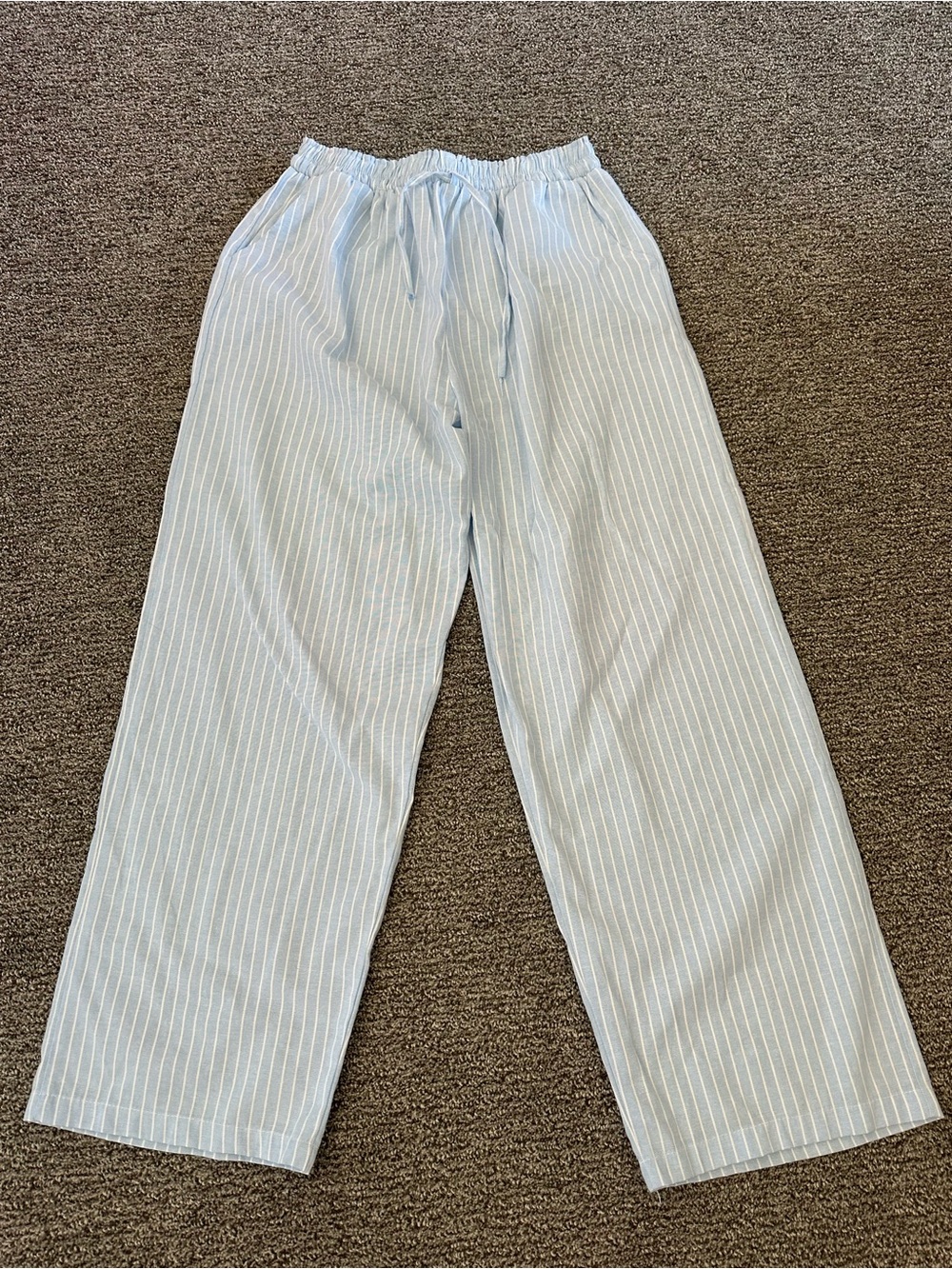 Women's Light Blue Stripe Wide-Leg Drawstring Linen Pants